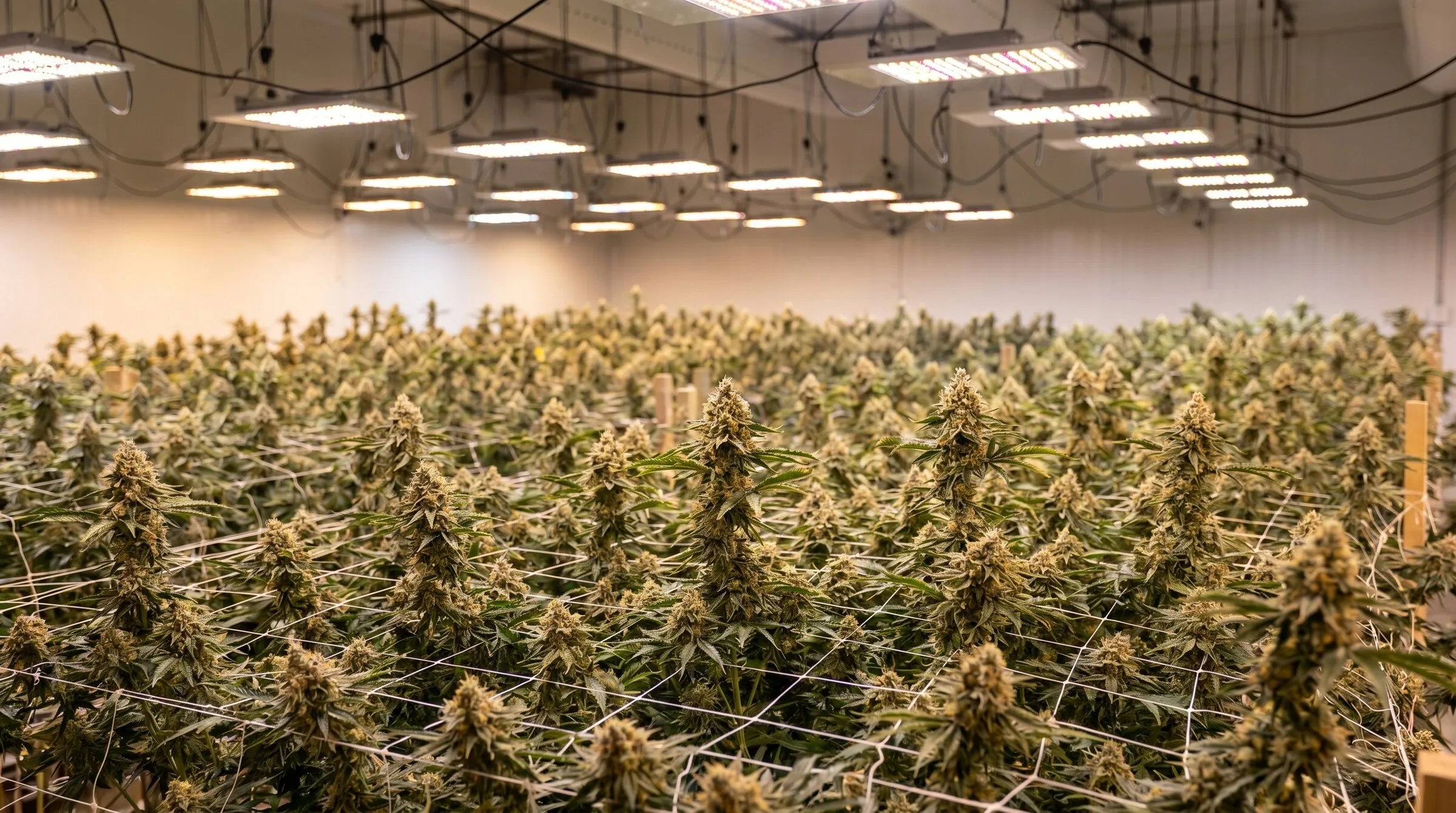 The Leafire flower room — canopy under full-spectrum LED lights